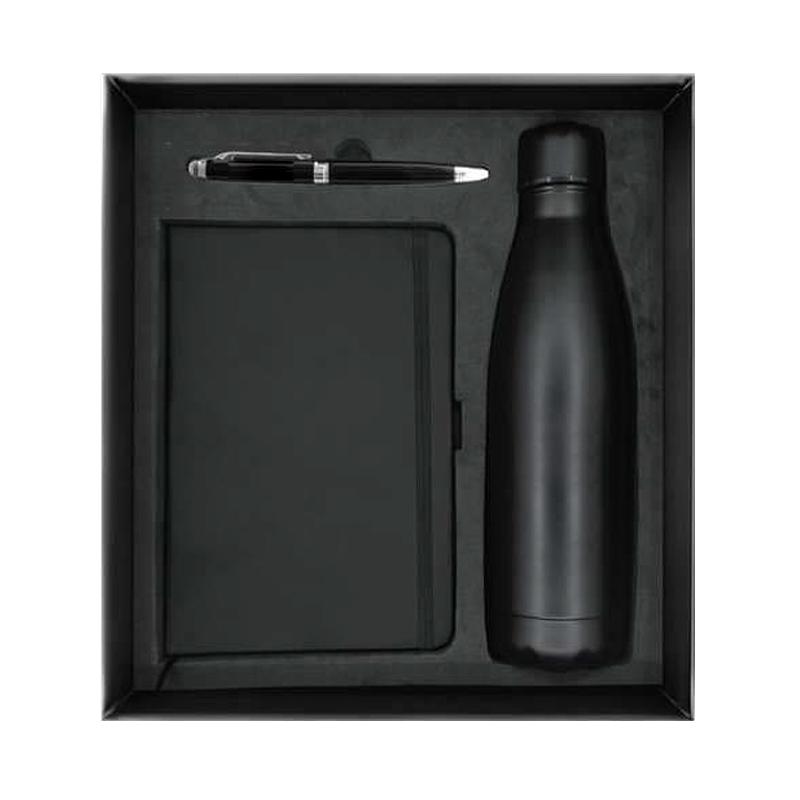 Blak Color PU Notebook, Black Metal Pen with Stylus & Black Insulated Bottle